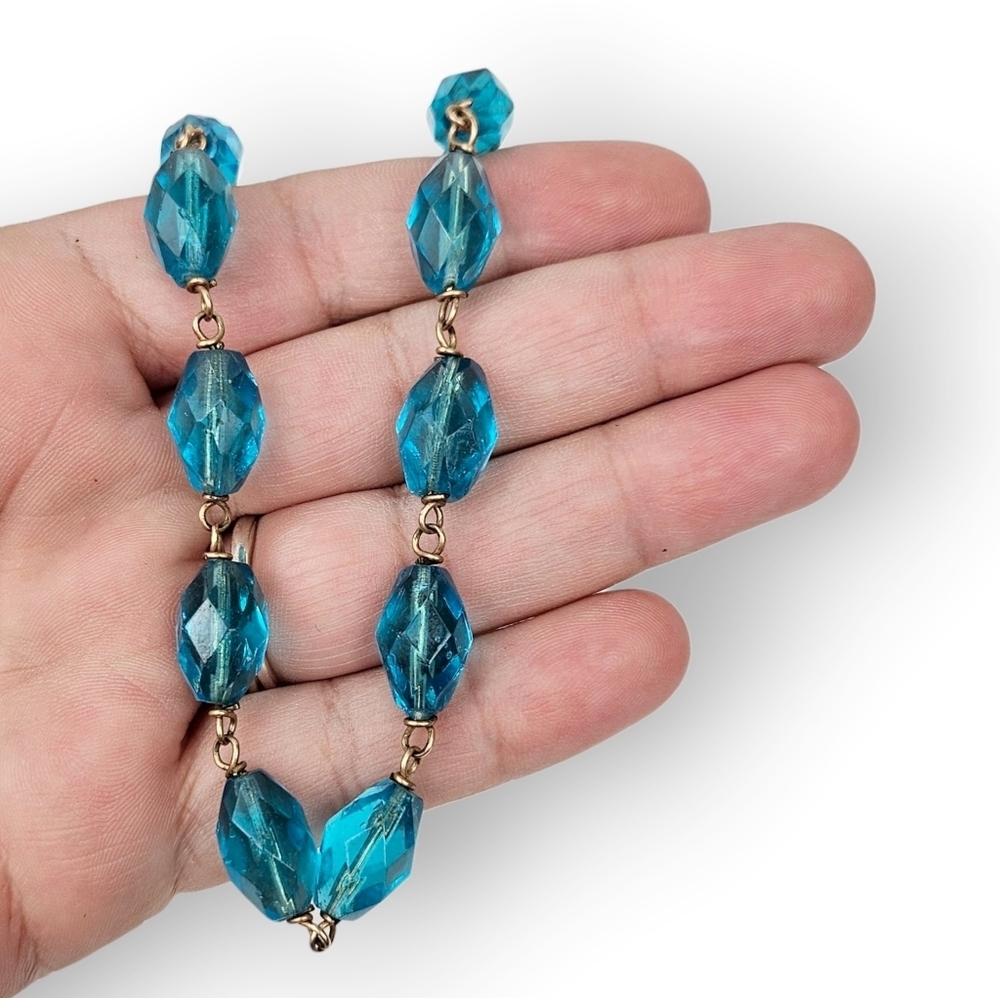 Art Deco Czech Glass Necklaces Turquoise Blue Beaded Chain Wire Link Vtg 16.5" - Picture 8 of 8
